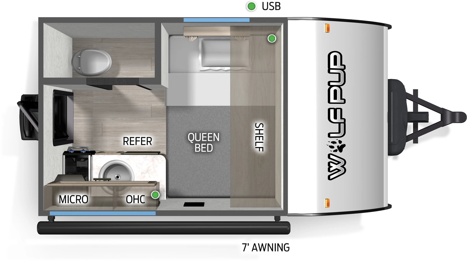 The Wolf Pup 9CELP floorplan has one entry and zero slide outs. Exterior features include: metal exterior and 7' awning. Interiors features include: front bedroom.